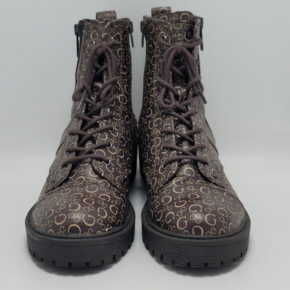 Guess Los Angeles Womens Brown Logo Ankle Combat Lace Up Boots Side Zip Sz 8.5M - Picture 3 of 12